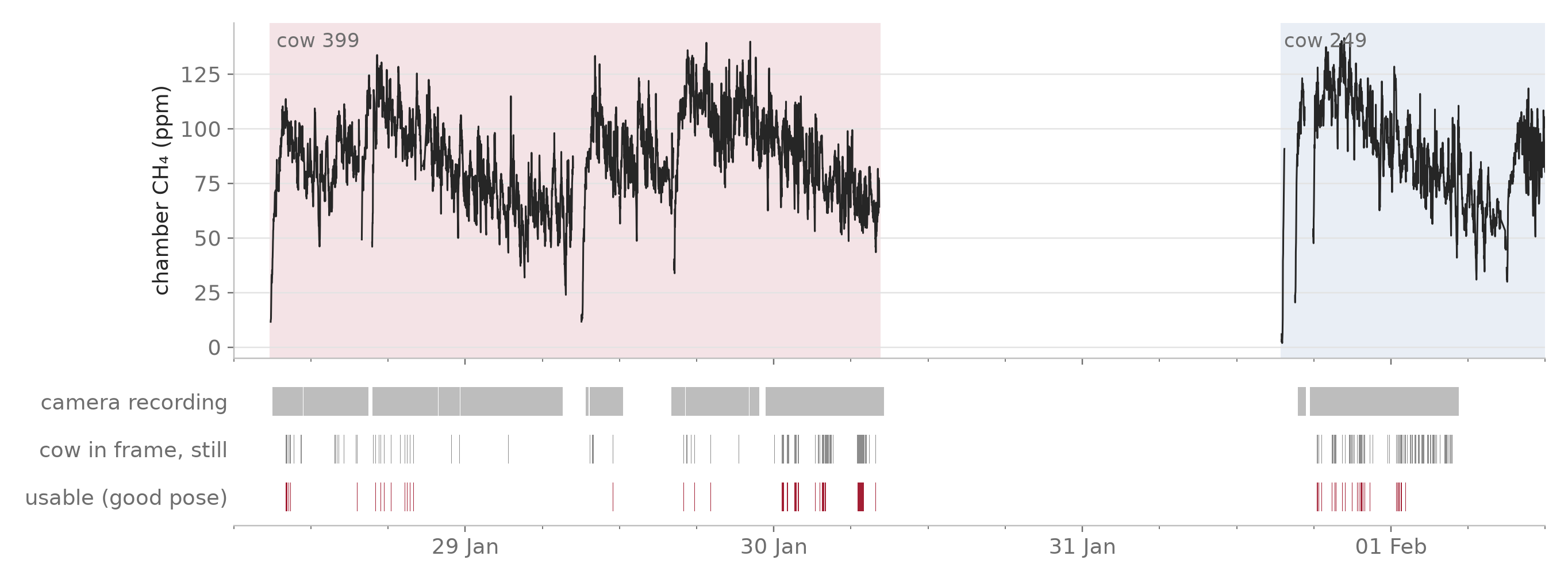 Chamber methane over the trial days with bars showing when the camera was recording, when the cow was in frame with the camera still, and the usable clips.