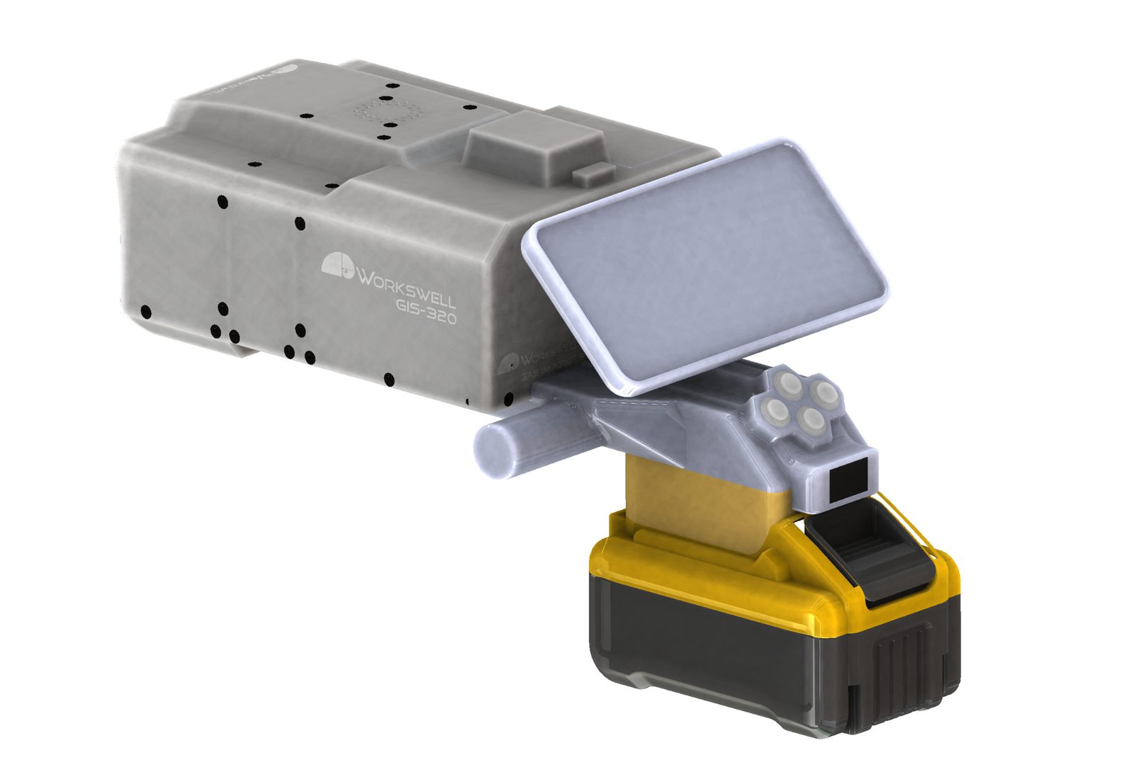 CAD render of the mobile OGI platform: camera, tablet display and power-tool battery.