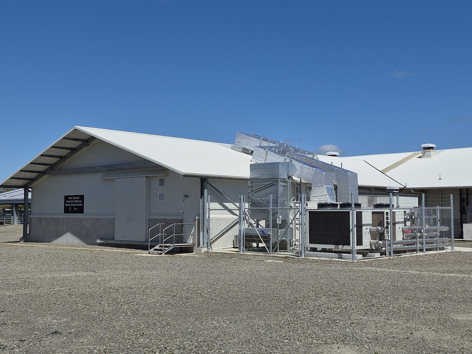 Exterior of the New Zealand Ruminant Methane Measurement Centre, with its air handling units beside the building.